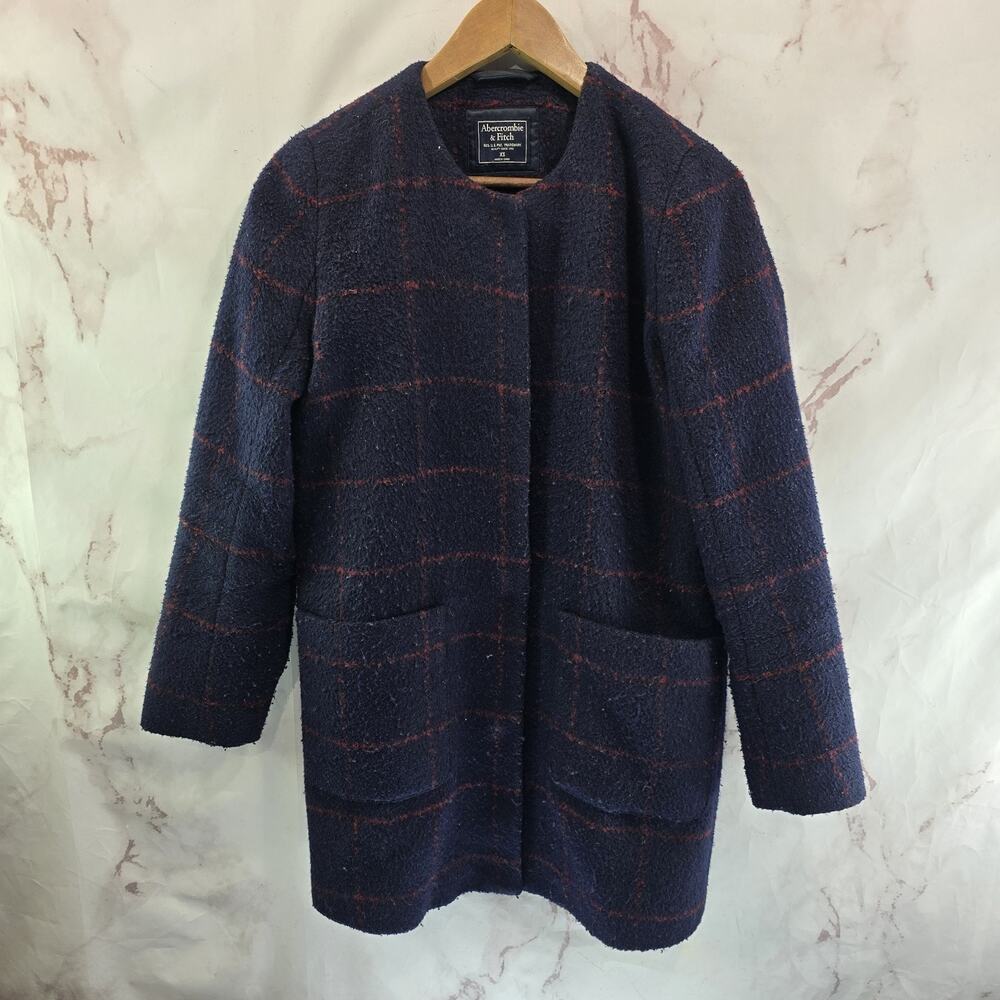 Abercrombie Coat Womens XS Navy Red Windowpane Plaid Long Pea Bucle Wool Blend